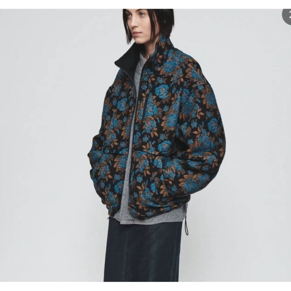 6397 Blue Floral Track Setter Jacket Black Tapestry Brocade Woven Zip Up Small